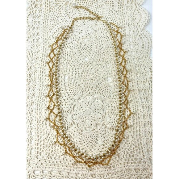 Vintage-Inspired Multi-Strand Gold & Pearl Necklace 38" Total Length - Picture 8 of 12